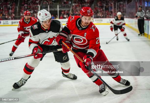Sebastian Aho of the Carolina Hurricanes skates during the first period against the New Jersey Devils in Game One of the Second Round of the 2023...