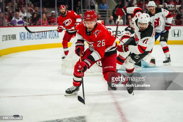 Paul Stastny of the Carolina Hurricanes skates during the first period against the New Jersey Devils in Game One of the Second Round of the 2023...
