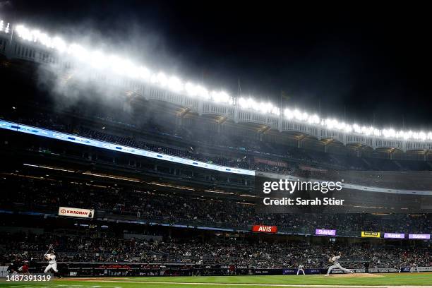 General view as Shane Bieber of the Cleveland Guardians pitches to DJ LeMahieu of the New York Yankees during the fourth inning at Yankee Stadium on...