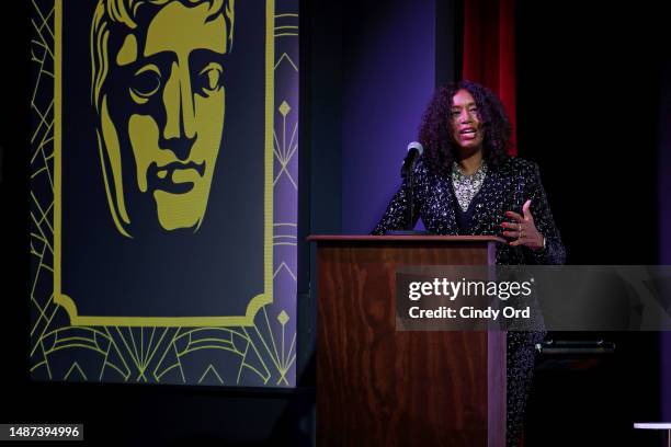 North America Chair Kathryn Busby speaks onstage during the BAFTA Honours Shonda Rhimes Presented By Netflix, Delta Air Lines, And Virgin Atlantic at...