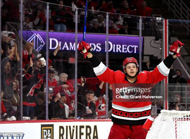 Jesperi Kotkaniemi of the Carolina Hurricanes reacts after scoring a goal against the New Jersey Devils during the second period of Game One of the...