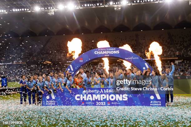 Sydney FC celebrate with the trophy after winning in the A-League Women's Grand Final match between Western United and Sydney FC at CommBank Stadium...