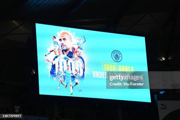 The big screen shows that 1000 goals have been scored under Head Coach Pep Guardiola after the third City goal was scored during the Premier League...