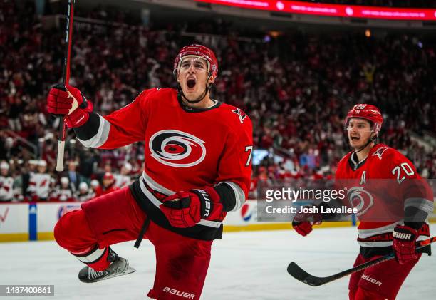 Brady Skjei of the Carolina Hurricanes celebrates after scoring a goal during the third period against the New Jersey Devils in Game One of the...