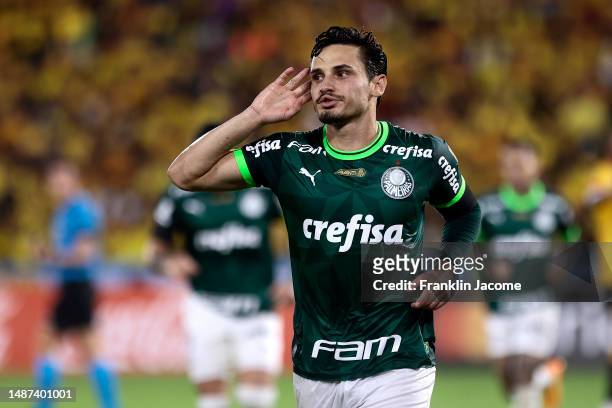 Raphael Veiga of Palmeiras celebrates after scoring the team's first goal via penalty during a Copa CONMEBOL Libertadores 2023 Group C match between...