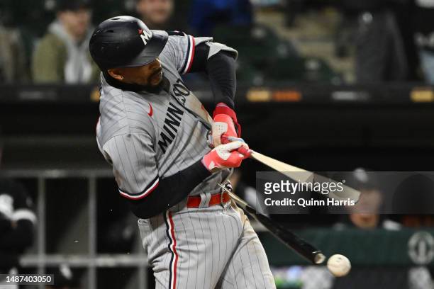 Byron Buxton of the Minnesota Twins breaks his bat in the seventh inning against the Chicago White Sox at Guaranteed Rate Field on May 03, 2023 in...