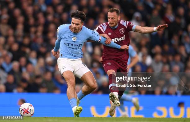 Manchester City player Jack Grealish in action during the Premier League match between Manchester City and West Ham United at Etihad Stadium on May...