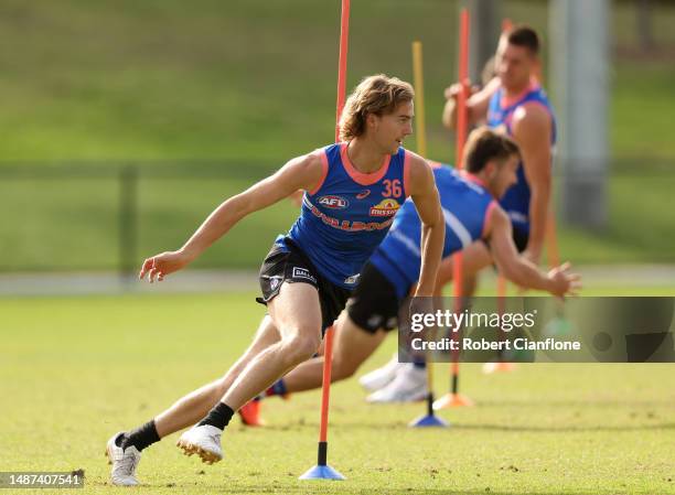 Luke Cleary of the Bulldogs runs during a Western Bulldogs AFL training session at Skinner Reserve on May 04, 2023 in Melbourne, Australia.