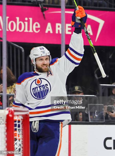 Leon Draisaitl of the Edmonton Oilers reacts after scoring a first-period power-play goal against the Vegas Golden Knights in Game One of the Second...