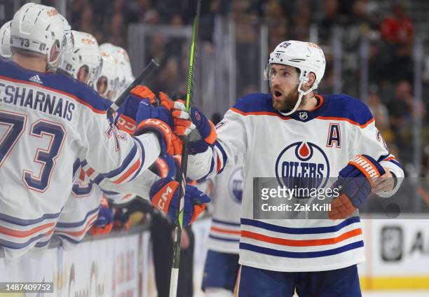 Leon Draisaitl of the Edmonton Oilers celebrates after scoring a goal during the first period against the Vegas Golden Knights in Game One of the...