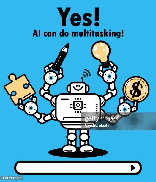 ein roboter mit künstlicher intelligenz mit vier händen, die einen bleistift, eine glühbirne, ein puzzleteil und geld halten, ki kann multitasking betreiben - artificial intelligence marketer stock-grafiken, -clipart, -cartoons und -symbole