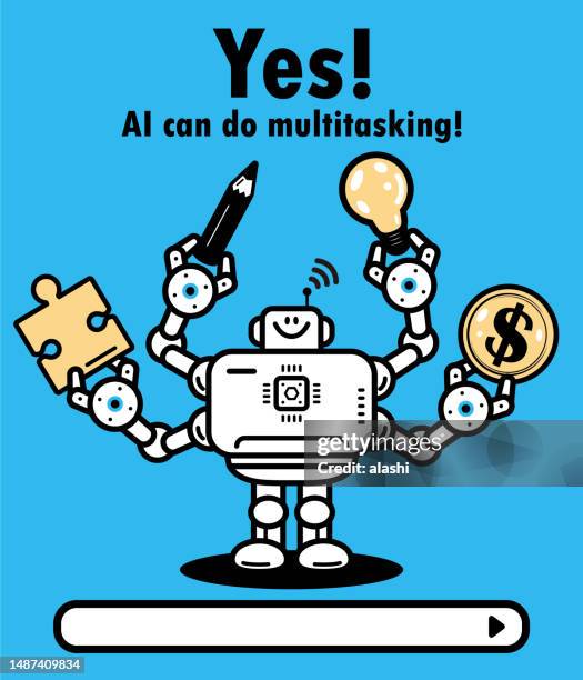 an artificial intelligence robot with four hands holding a pencil, a light bulb, a jigsaw piece, and money, ai can multitask - virtual business strategy stock illustrations