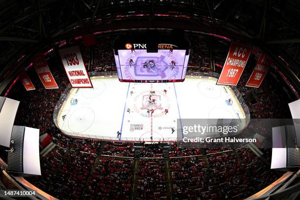 General view of the opening faceoff between the Carolina Hurricanes and the New Jersey Devils during Game One of the Second Round of the 2023 Stanley...