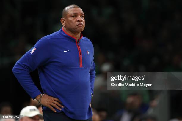 Philadelphia 76ers head coach Doc Rivers looks on during game two of the Eastern Conference Second Round Playoffs against the Philadelphia 76ers at...