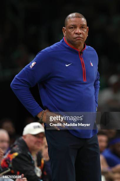 Philadelphia 76ers head coach Doc Rivers looks on during game two of the Eastern Conference Second Round Playoffs against the Philadelphia 76ers at...