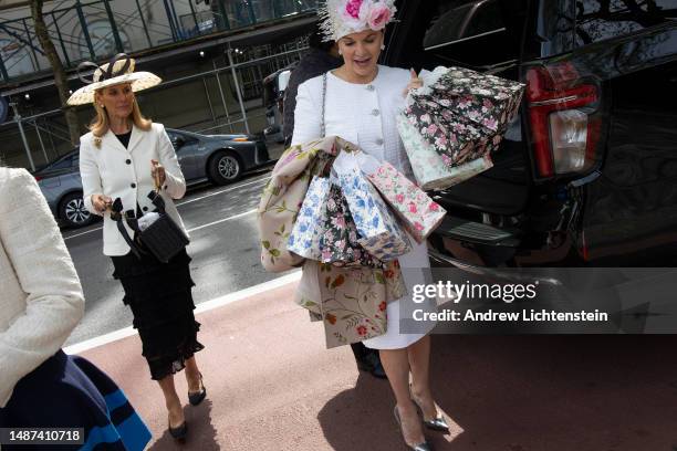 Guests at the Frederick Olmsted luncheon arrive and depart from Central Park's Conservancy Garden on May 3, 2023 in New York City. The annual charity...