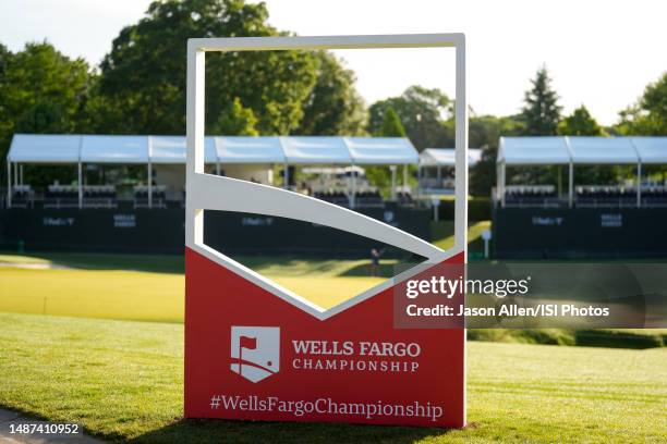 Wells Fargo Championship signage where patrons can take photos near the 18th green prior to Wells Fargo Championship at Quail Hollow Country Club at...