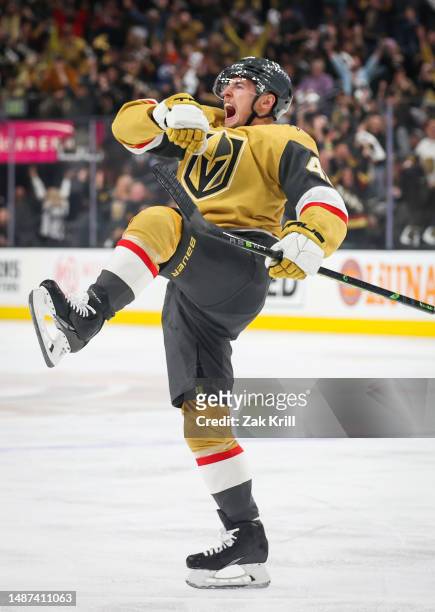 Ivan Barbashev of the Vegas Golden Knights celebrates after scoring a goal during the first period against the Edmonton Oilers in Game One of the...