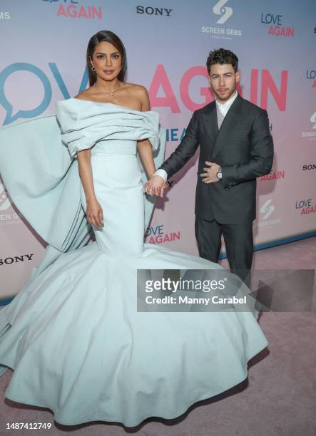 Priyanka Chopra and Nick Jonas attend the "Love Again" New York screening at AMC Lincoln Square Theater on May 03, 2023 in New York City.