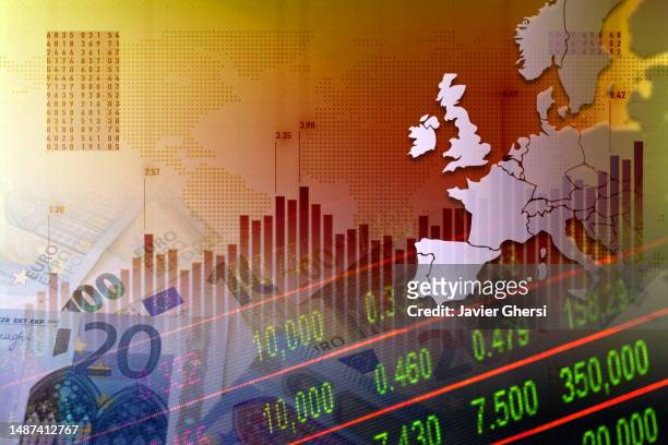 europe map, cash euro banknotes and stock market indicators - geldwechsel stock-fotos und bilder