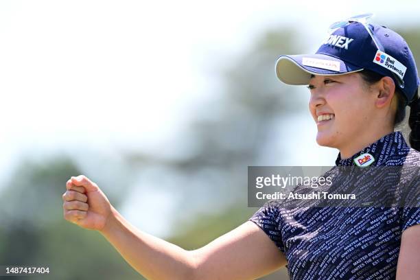 Chisato Iwai of Japan reacts after holing out on the 9th green during the first round of World Ladies Championship Salonpas Cup at Ibaraki Golf Club...