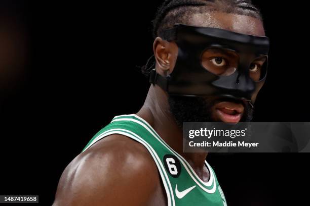 Jaylen Brown of the Boston Celtics looks on during the second half of game two of the Eastern Conference Second Round Playoffs against the...