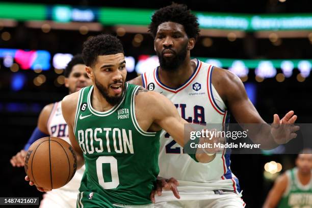 Joel Embiid of the Philadelphia 76ers defends Jayson Tatum of the Boston Celtics during the second half of game two of the Eastern Conference Second...