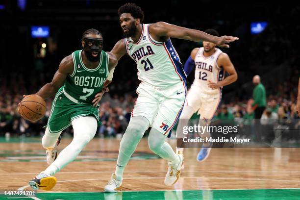 Joel Embiid of the Philadelphia 76ers defends Jaylen Brown of the Boston Celtics during the second half of game two of the Eastern Conference Second...