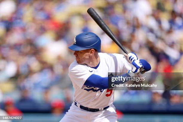 Freddie Freeman of the Los Angeles Dodgers at bat during the seventh inning against the Philadelphia Phillies at Dodger Stadium on May 03, 2023 in...