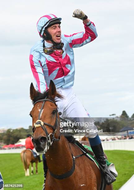 Chris McCarthy riding Rockstar Ronnie reacts after winning Race 7, the Brandt Grand Annual Steeplechase, during Grand Annual Day at Warrnambool...