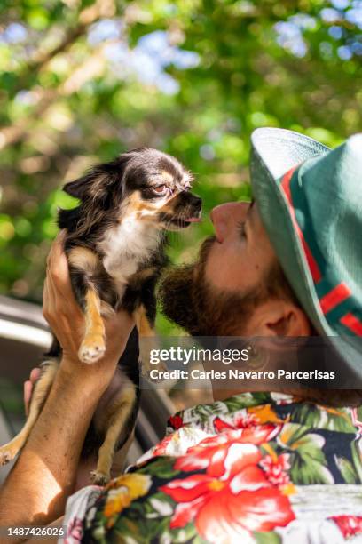 man holding a small dog next to a car - pet carrier car stock pictures, royalty-free photos & images