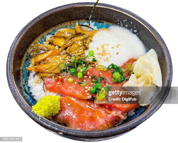 anago tuna tororo tsukedon isolated against white background - tuna seafood stock-fotos und bilder