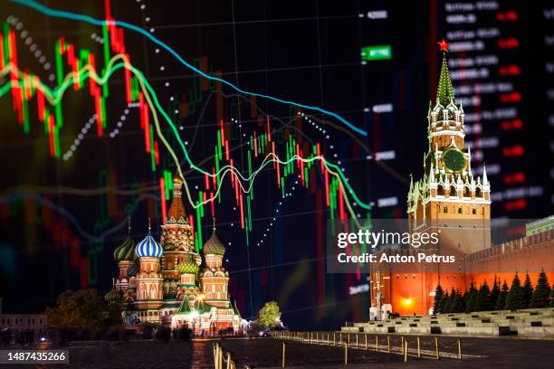 moscow kremlin on economic data background. sanctions in russia - russia sanctions stock-fotos und bilder