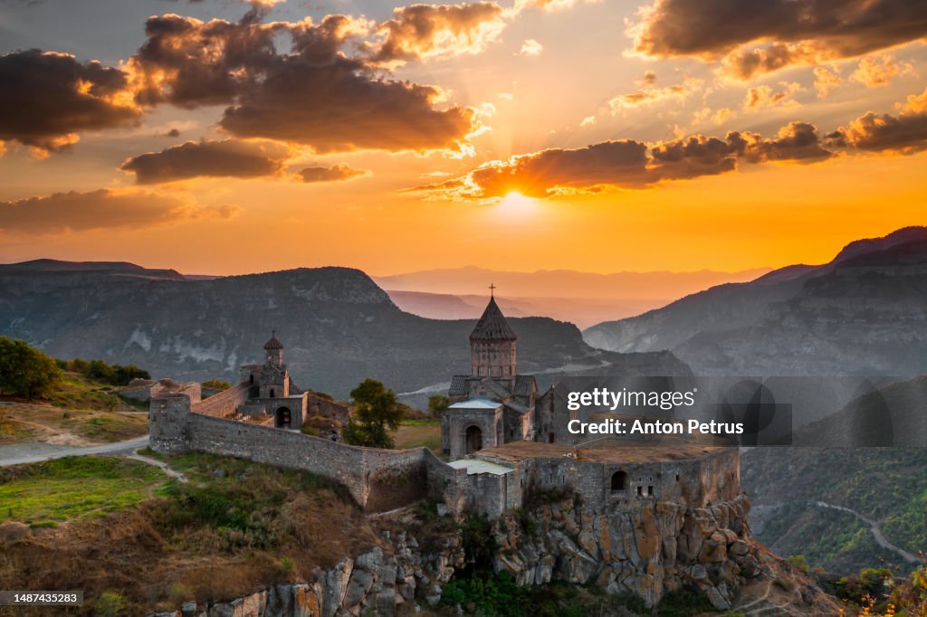 Tatev Monastery at sunrise in the mountains. Tatev, Armenia