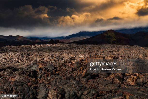 frozen lava of tolbachik volcano at sunset, kamchatka - kronotsky state biosphere reserve stockfoto's en -beelden