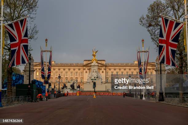 Buckingham Palace is seen at sunrise on May 04, 2023 in London, England. The Coronation of King Charles III and The Queen Consort will take place on...