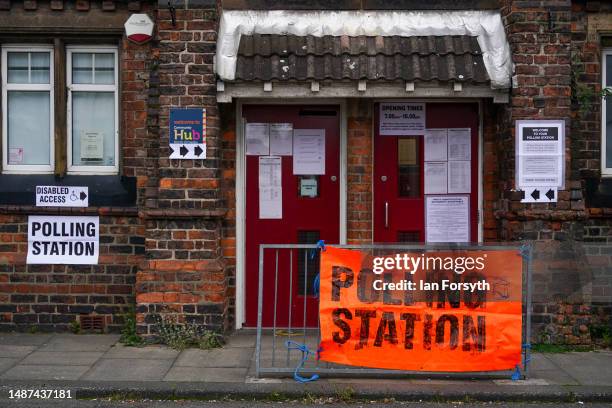 Polling station sign on display in Middlesbrough as people go to the polls in the local elections on May 04, 2023 in Middlesbrough, England. This...