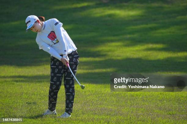 Rio Takeda of Japan hits her third shot on the 17th hole during the first round of World Ladies Championship Salonpas Cup at Ibaraki Golf Club West...