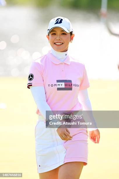 Yuri Yoshida of Japan celebrates after the birdie on the 15th green during the first round of World Ladies Championship Salonpas Cup at Ibaraki Golf...