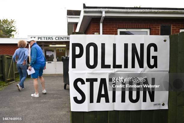 People arrive at St Peter's Parish Centre in Parkstone, as people go to the polls in the local elections, on May 04, 2023 in Poole, United Kingdom....