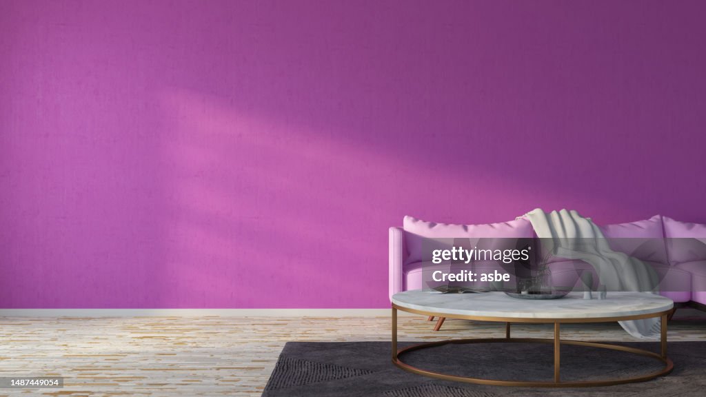 Purple Room with Empty Wall and Sofa