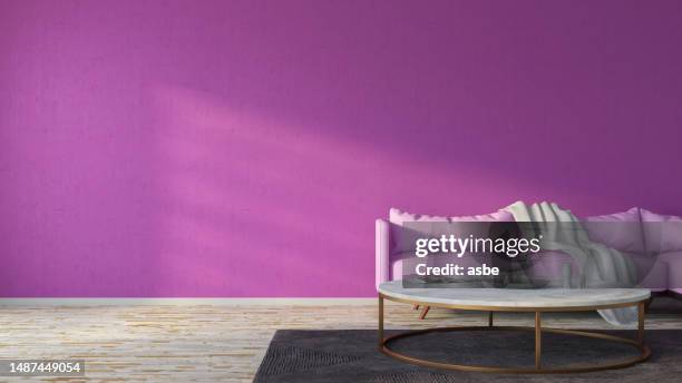 purple room with empty wall and sofa - background paint room stock pictures, royalty-free photos & images