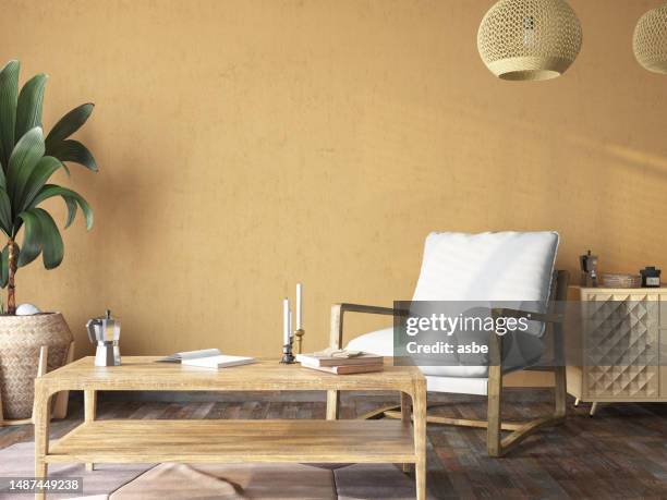 beigefarbenes interieur mit sessel und couchtisch - terracotta stock-fotos und bilder