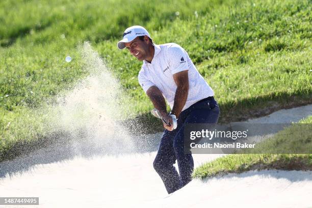 Edoardo Molinari of Italy plays their second shot from a greenside bunker on the 16th hole during Day One of the DS Automobiles Italian Open at Marco...