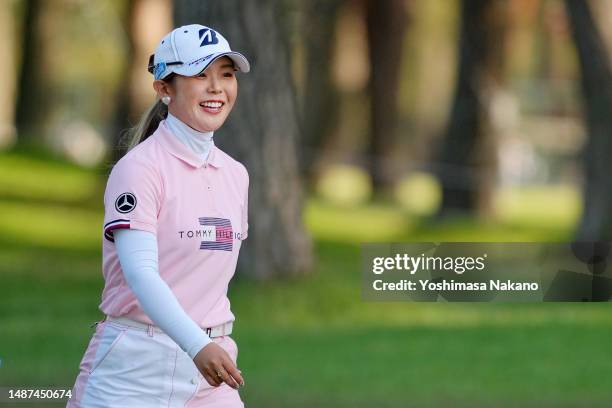 Yuri Yoshida of Japan smiles on the 18th hole during the first round of World Ladies Championship Salonpas Cup at Ibaraki Golf Club West Course on...