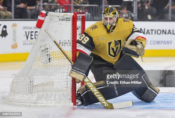 Laurent Brossoit of the Vegas Golden Knights swarms up in the crease before Game One of the Second Round of the 2023 Stanley Cup Playoffs against the...
