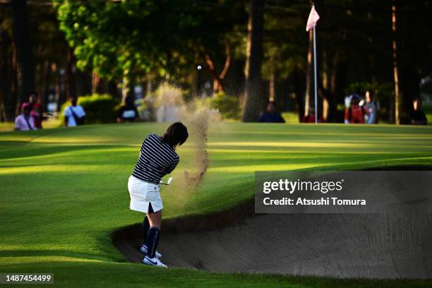 Rumi Yoshiba of Japan hits out from a bunker on the 17th hole during the first round of World Ladies Championship Salonpas Cup at Ibaraki Golf Club...