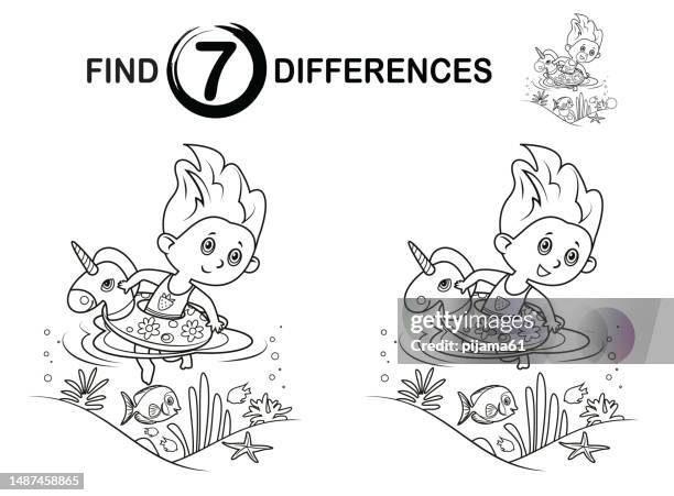 find differences, little girl swim in inflatable ring - moss stock illustrations