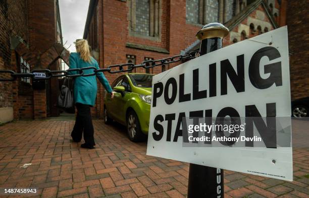 Woman enters a polling station at Festival Church in Chester city centre as voters go to the polls in local council elections on May 04, 2023 in...