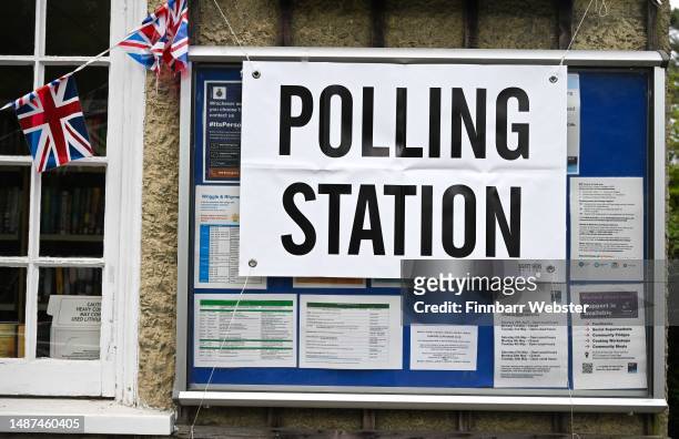 Polling station signs are seen outside Canford Cliffs Library Polling station, as people go to the polls in the local elections, on May 04, 2023 in...